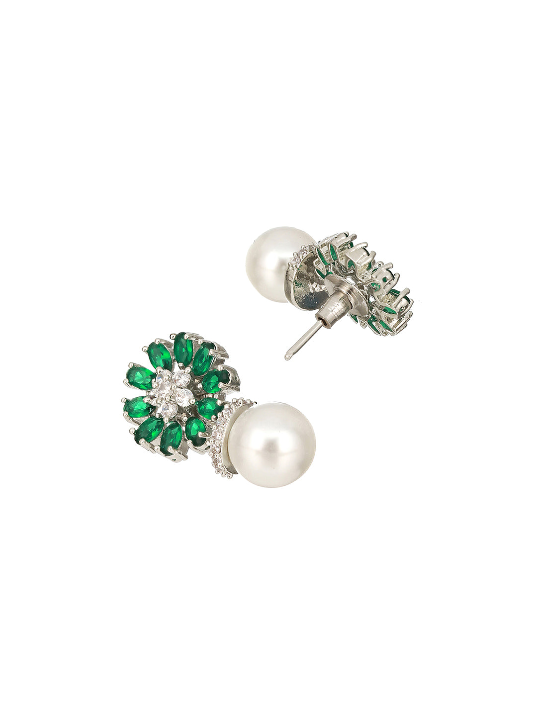 Silver Plated Green  AD & Pearl Beaded Floral Earrings