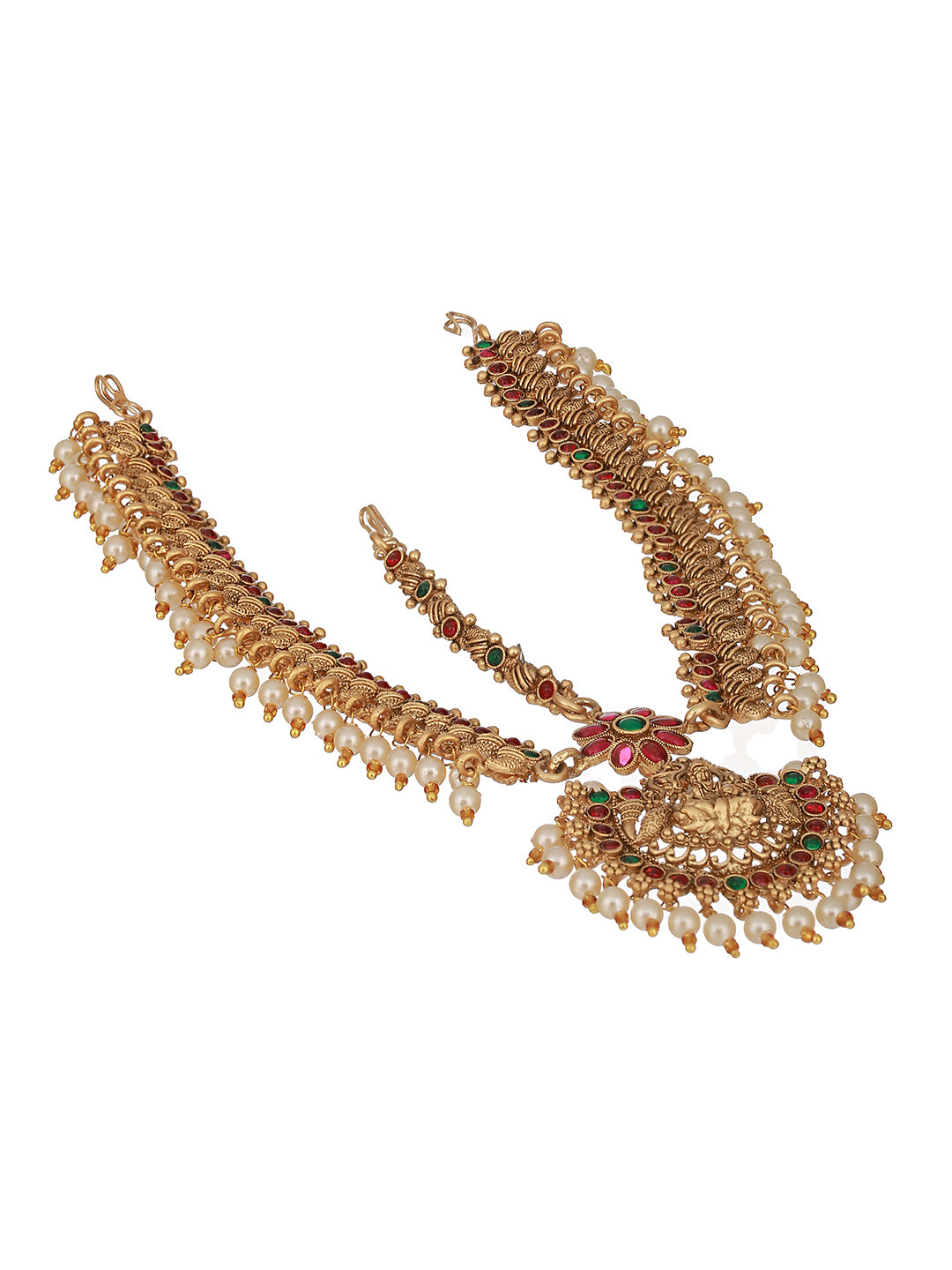 Gold Plated Kempo Studded & Pearl Beaded Bridal Antique Temple Damini Matha Patti