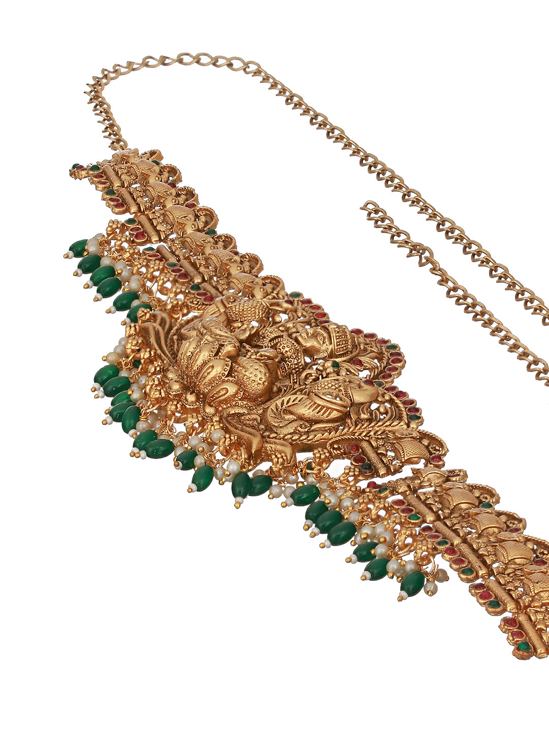 Matte Gold Plated Green Pearls Beaded Shri lakshmi Motif Bridal Hip Belt Kamarbandh