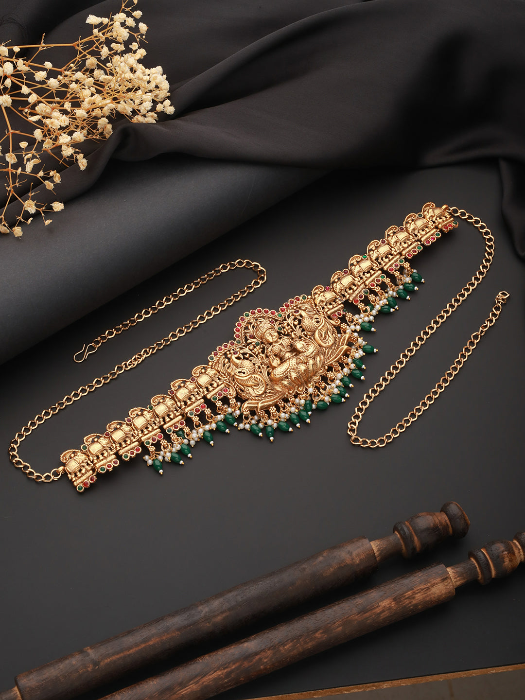 Matte Gold Plated Green Pearls Beaded Shri lakshmi Motif Bridal Hip Belt Kamarbandh
