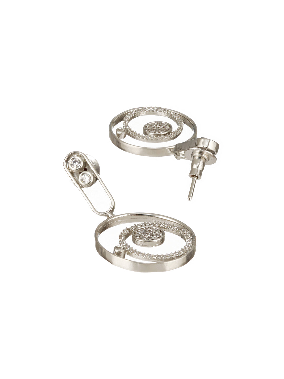 Silver Toned CZ Studded Modern Minimal Designer Concentric Chandbali Earrings