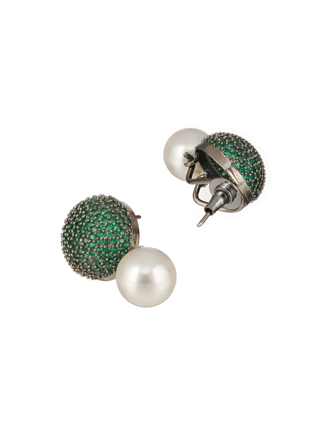 Green AD & Pearl Beaded Designer Luxe Stud Earrings