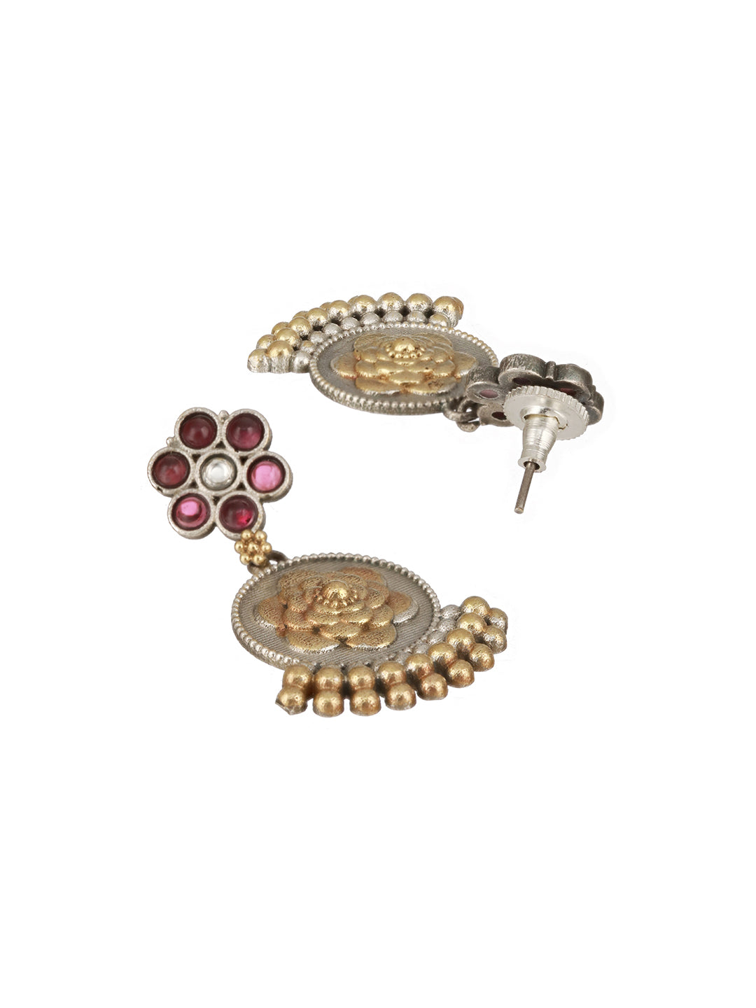 Dual Toned Silver Oxidised  Maroon Pearl Beaded Floral Statement jewellery  Set