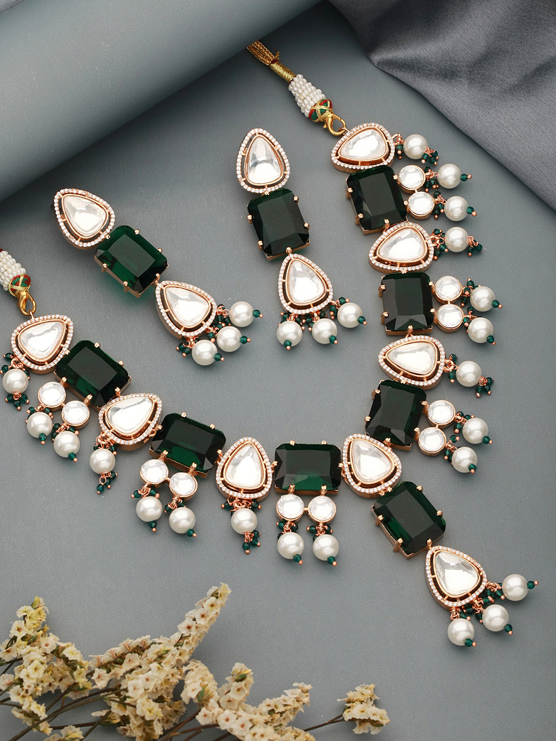 Gold Plated Emerald Green Ad & Original Kundan & Pearl Beaded Bridal Luxe Necklace Jewellery Set