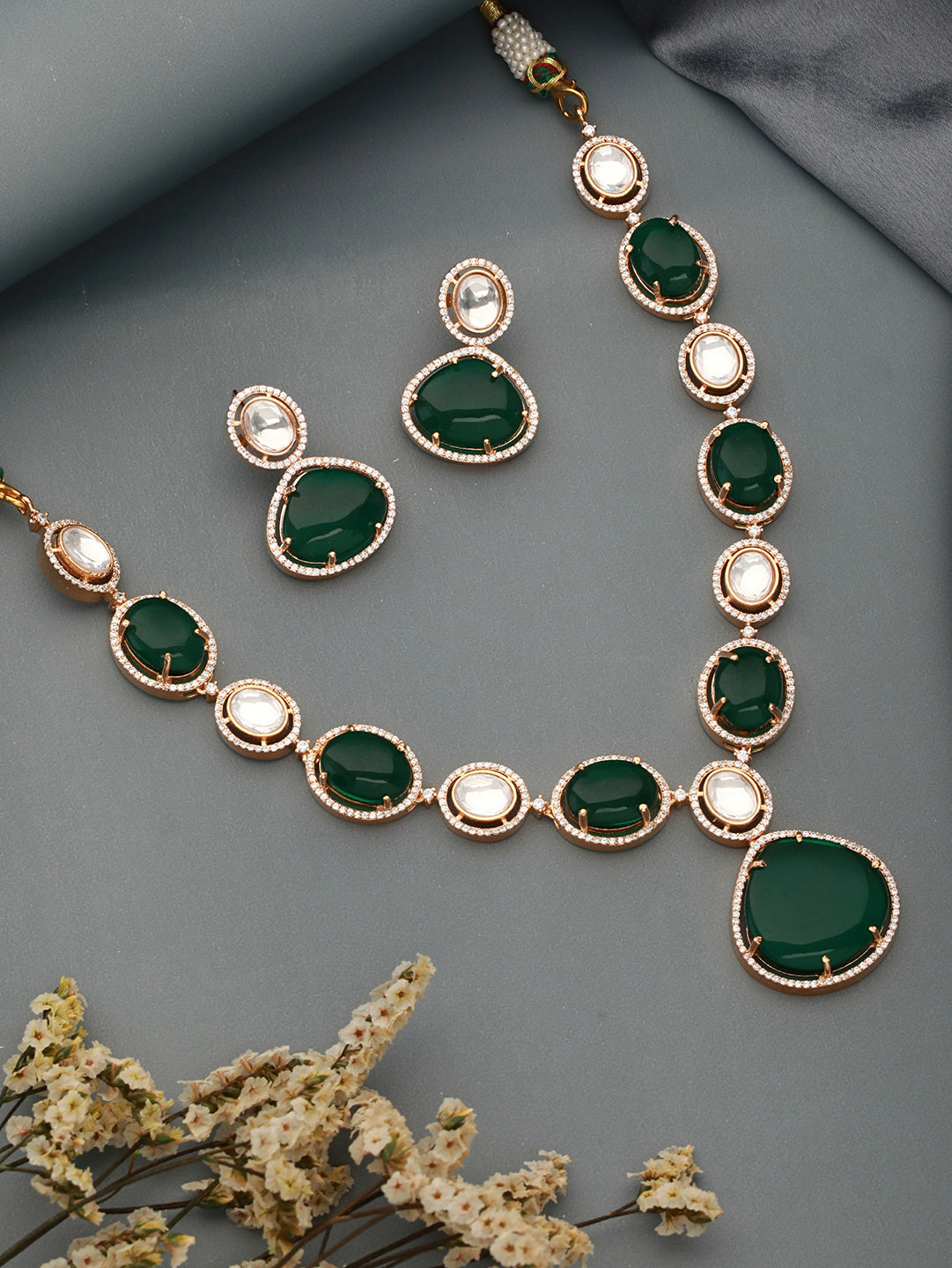 Gold Plated Emerald Green Kundan Studded Designer Luxe Bridal Jewellery  Set