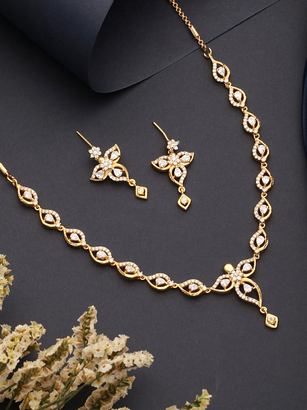Gold Plated AD Studded Floral Pendant Minimal Jewellery  Set