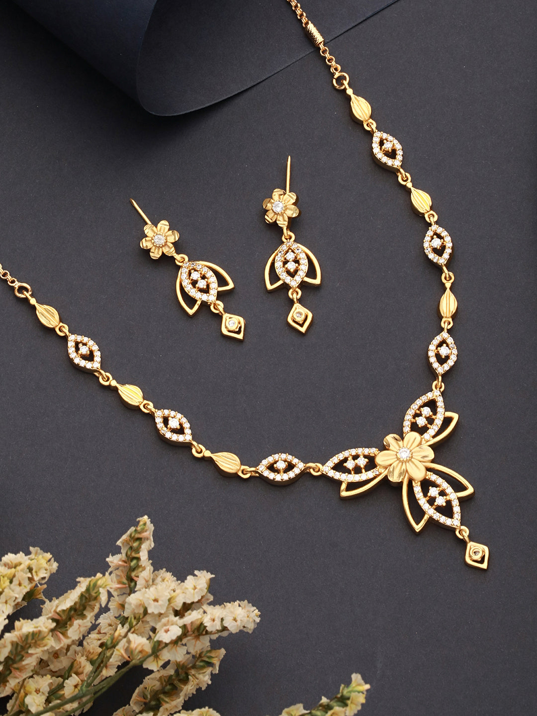 Gold Plated CZ Studded Floral Pendant Minimal Necklace Jewellery  Set
