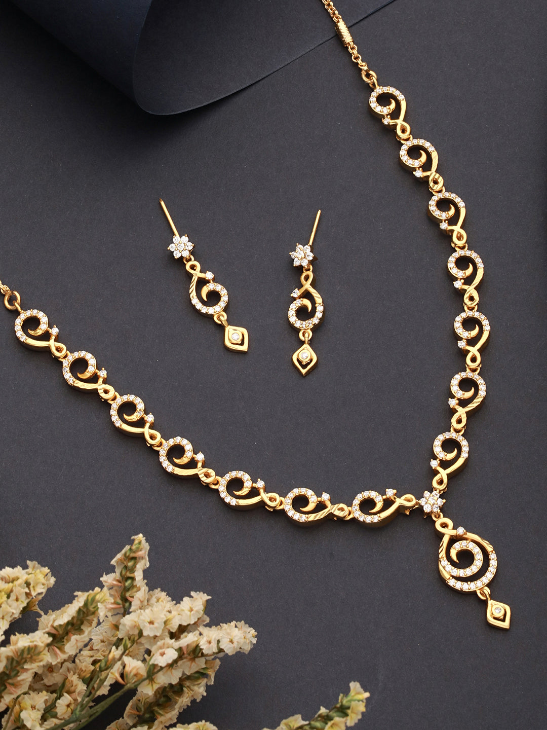 Gold Plated Zircon Studded Geometric Minimal Delicate Jewellery Set