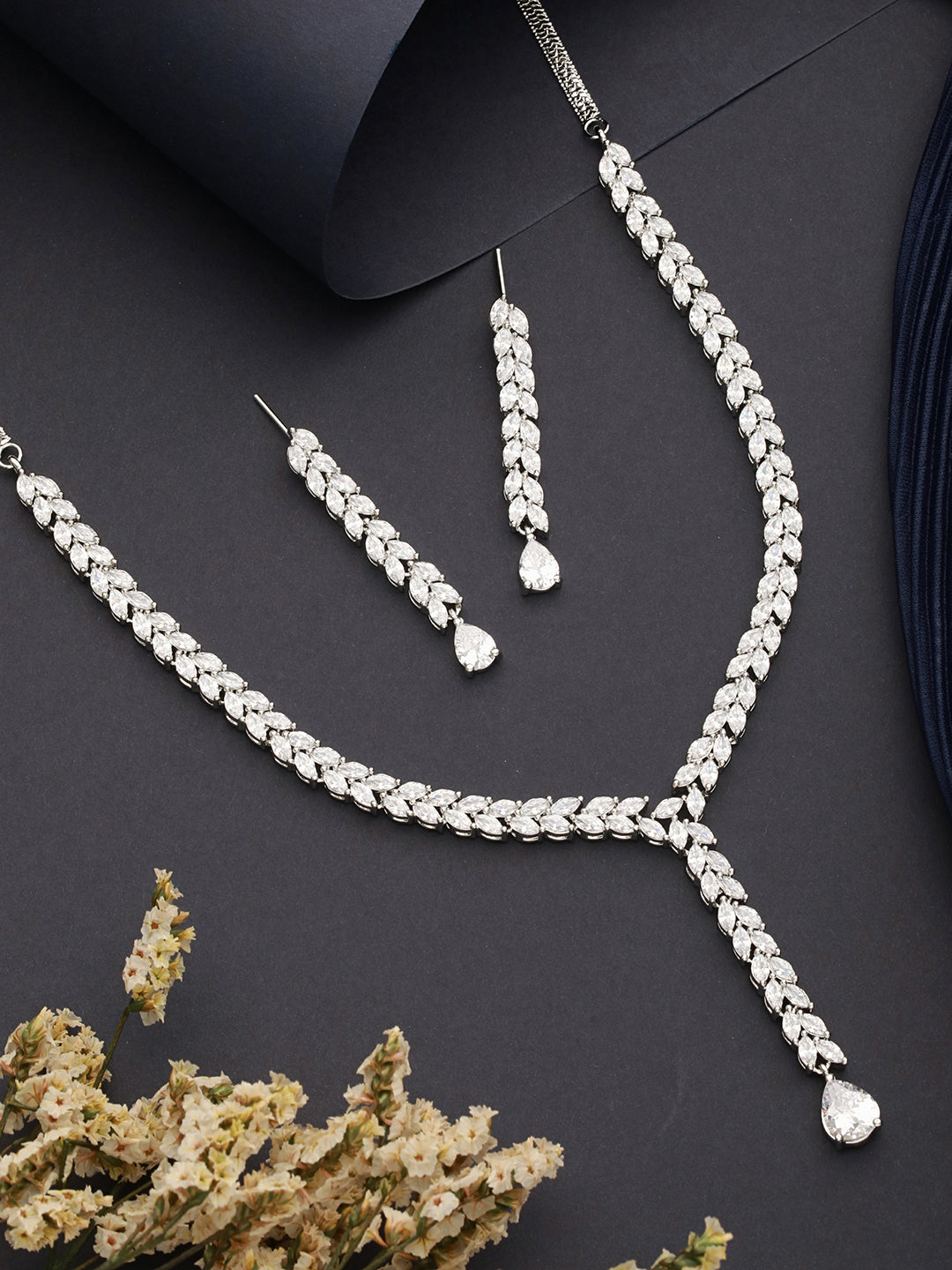 Silver Toned CZ Studded Long Tassel Delicate Bridal Jewellery Set