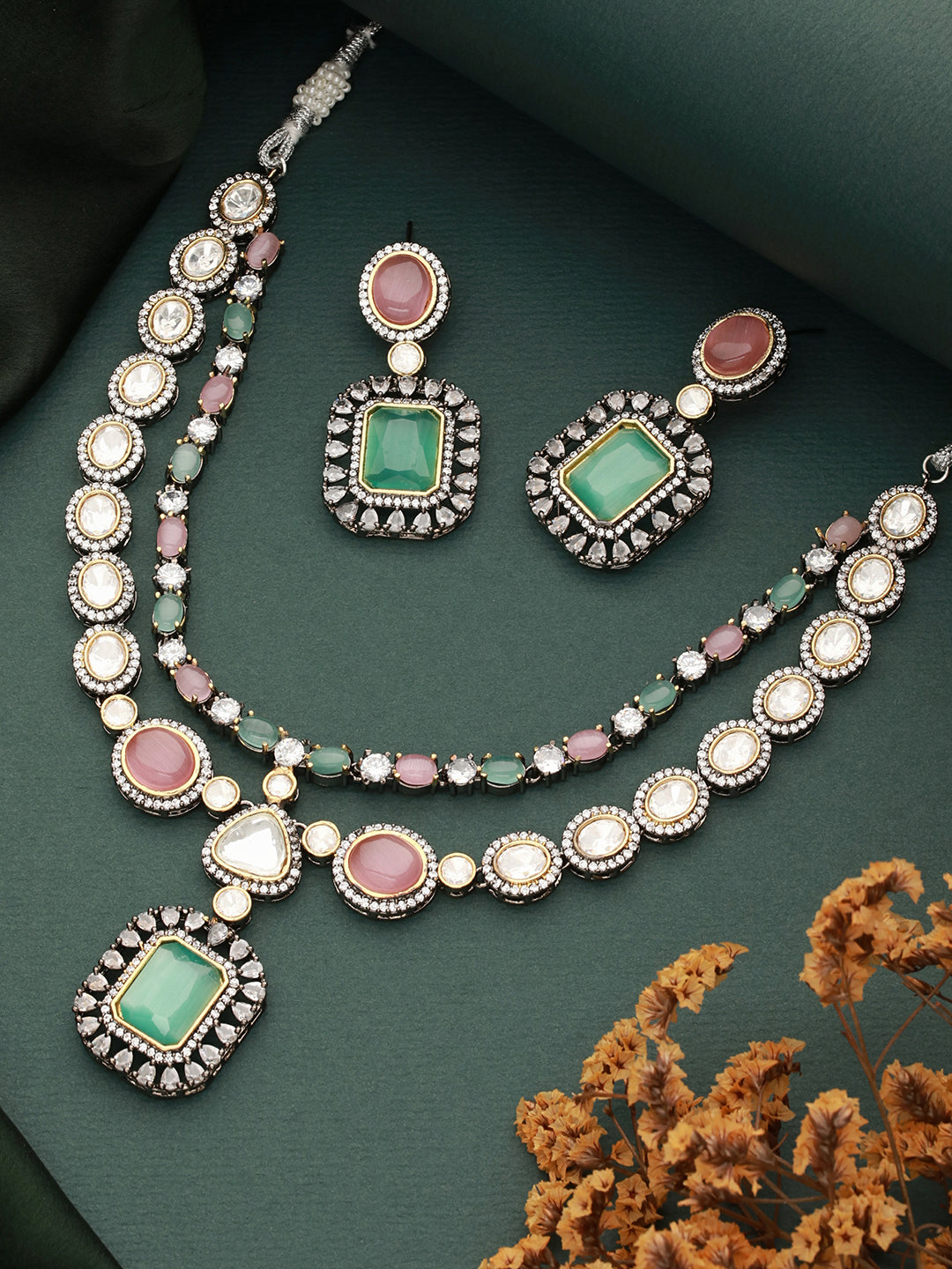 Gold Toned Pink & Mint Kundan Studded Double Lined Bridal Jewellery  Set