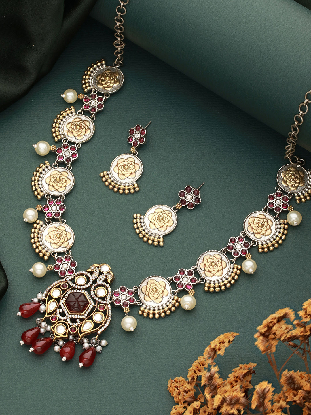 Dual Toned Silver Oxidised  Maroon Pearl Beaded Floral Statement jewellery  Set