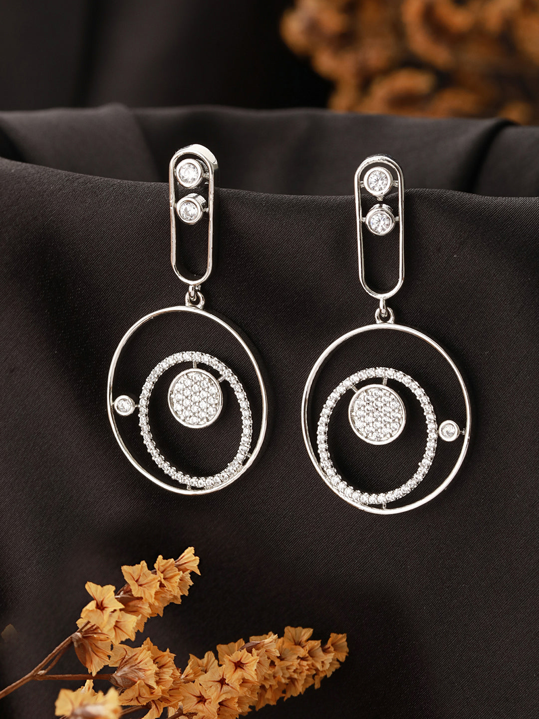 Silver Toned CZ Studded Modern Minimal Designer Concentric Chandbali Earrings