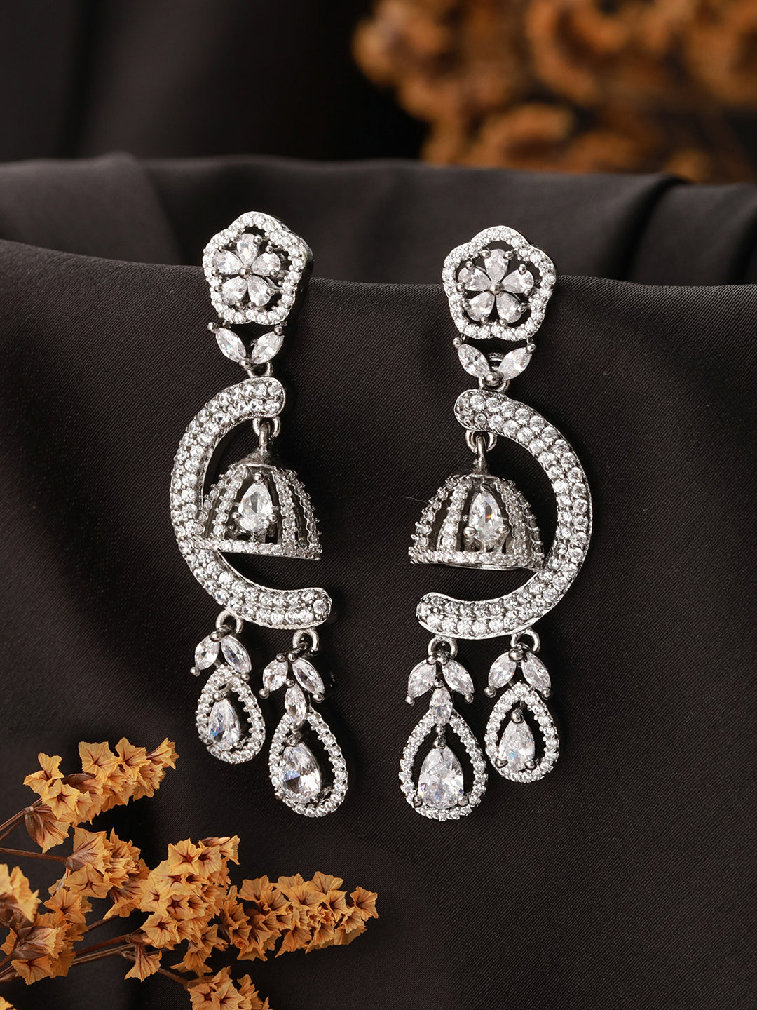 Silver Oxidised Toned CZ Studded Designer Chanbali Jhumki Earrings