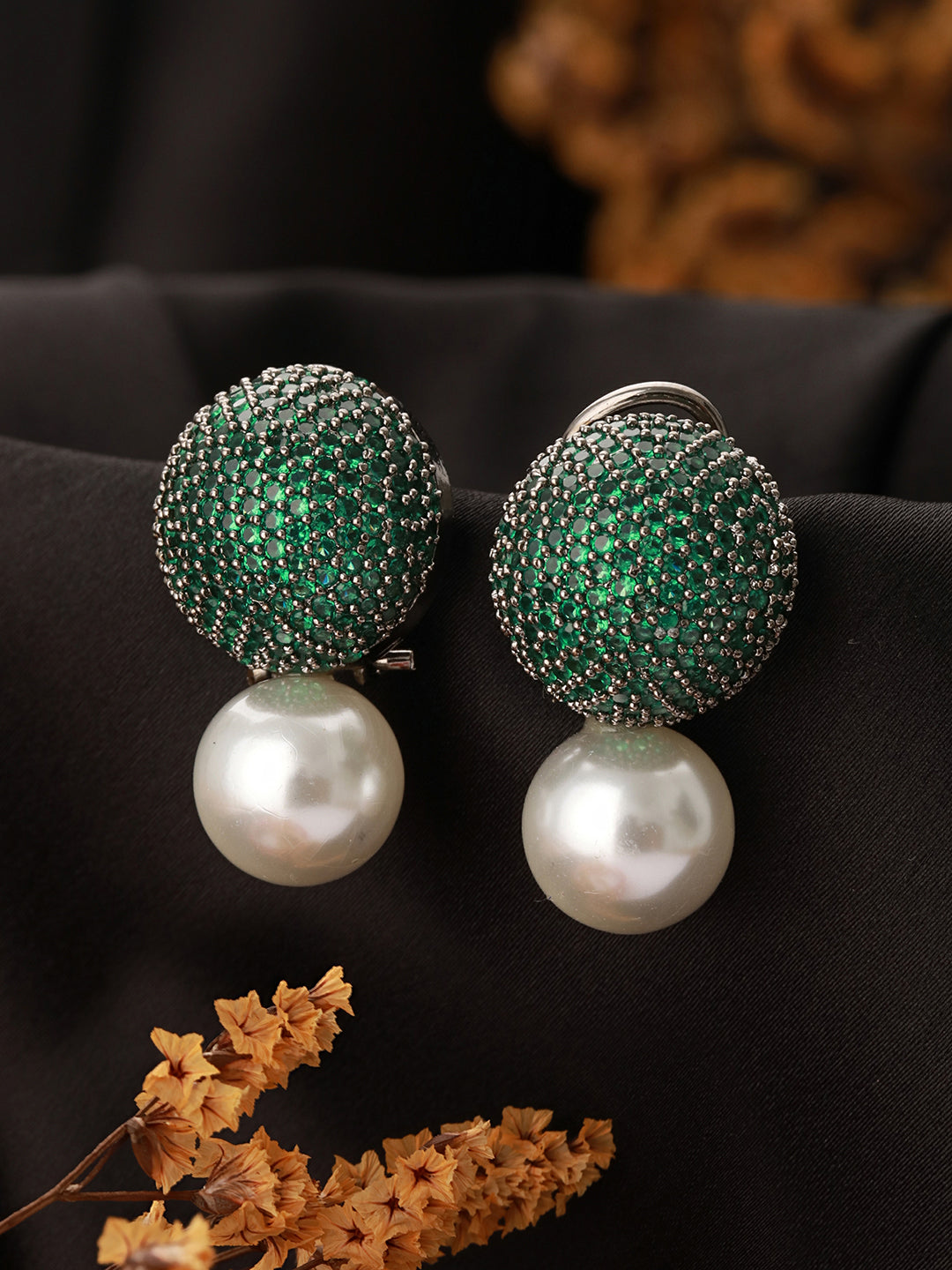 Green AD & Pearl Beaded Designer Luxe Stud Earrings