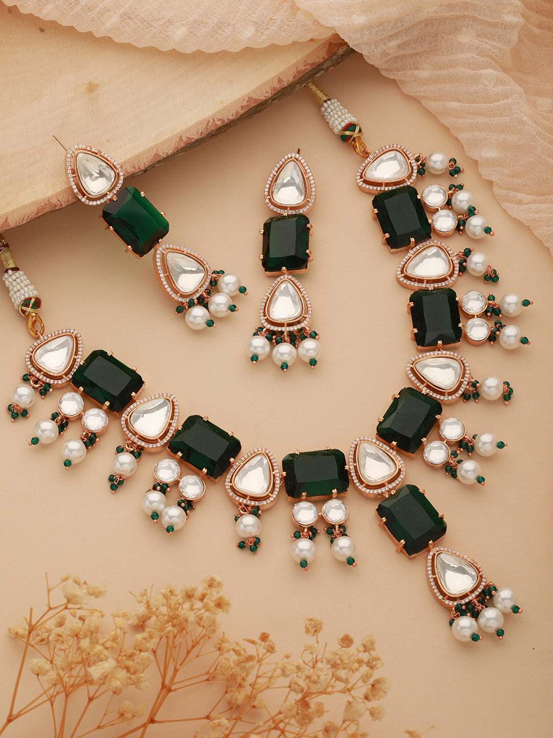 Gold Plated Emerald Green Ad & Original Kundan & Pearl Beaded Bridal Luxe Necklace Jewellery Set