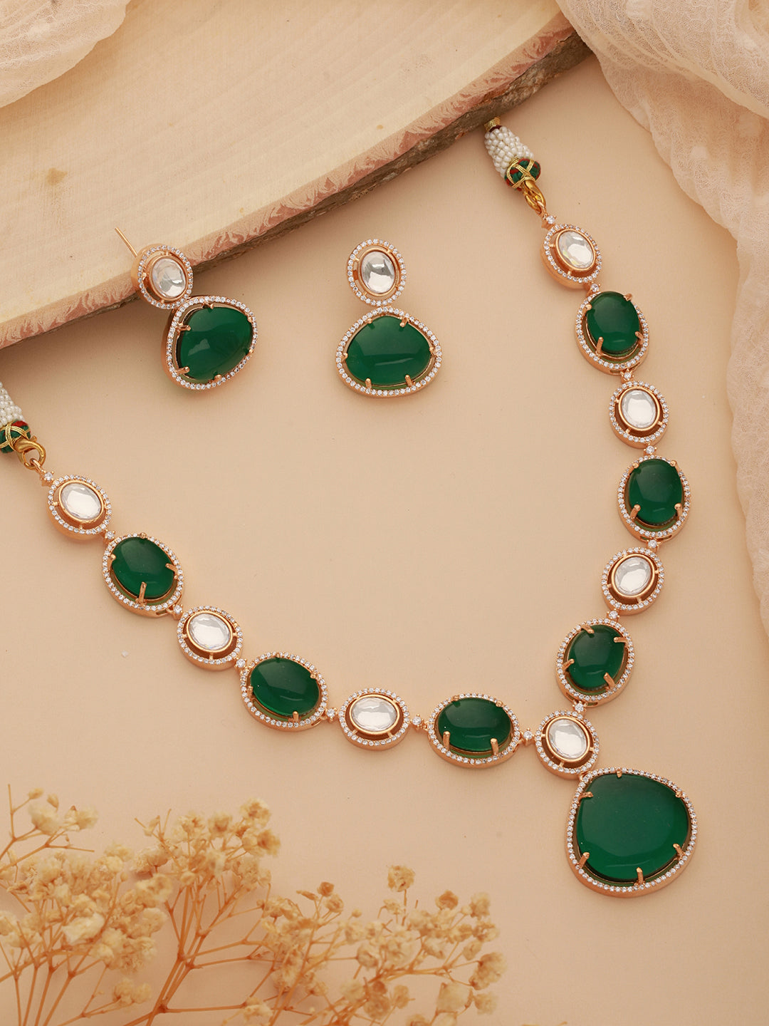 Gold Plated Emerald Green Kundan Studded Designer Luxe Bridal Jewellery  Set