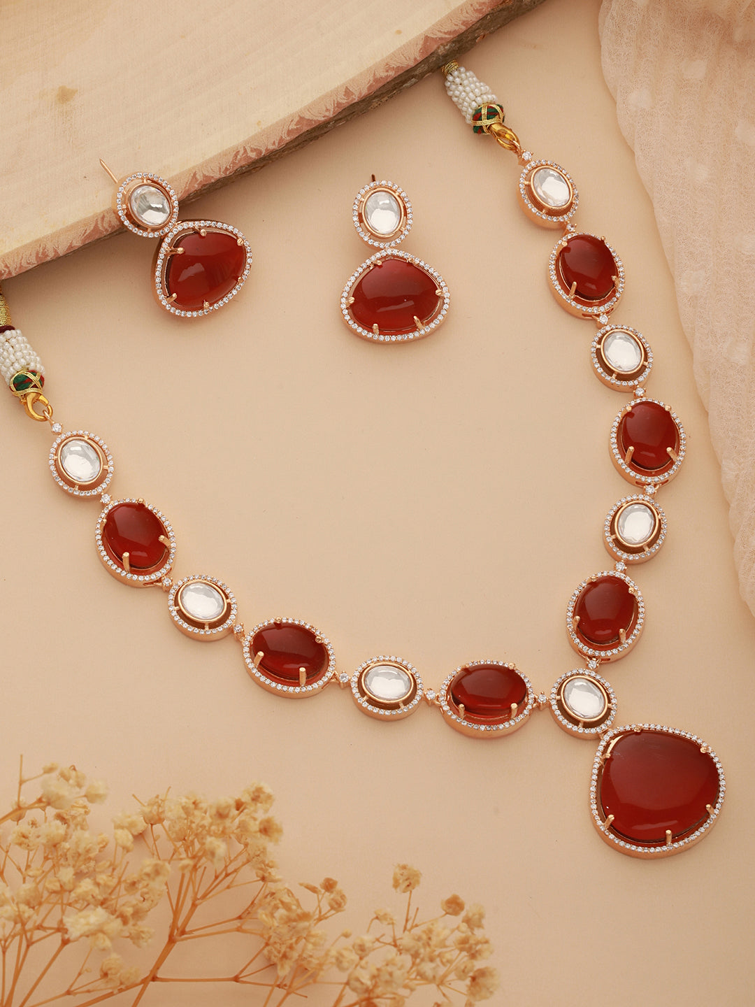 Gold Plated Ruby Red Original Kundan Studded Luxe Bridal Jewellery   Set