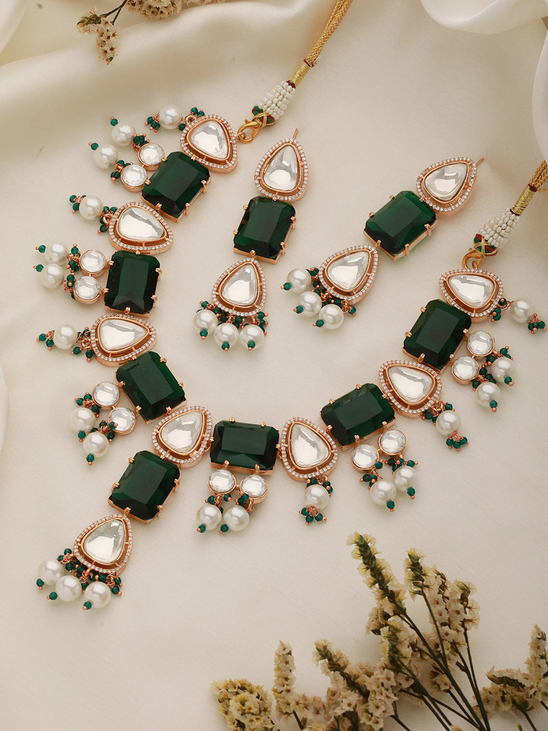 Gold Plated Emerald Green Ad & Original Kundan & Pearl Beaded Bridal Luxe Necklace Jewellery Set