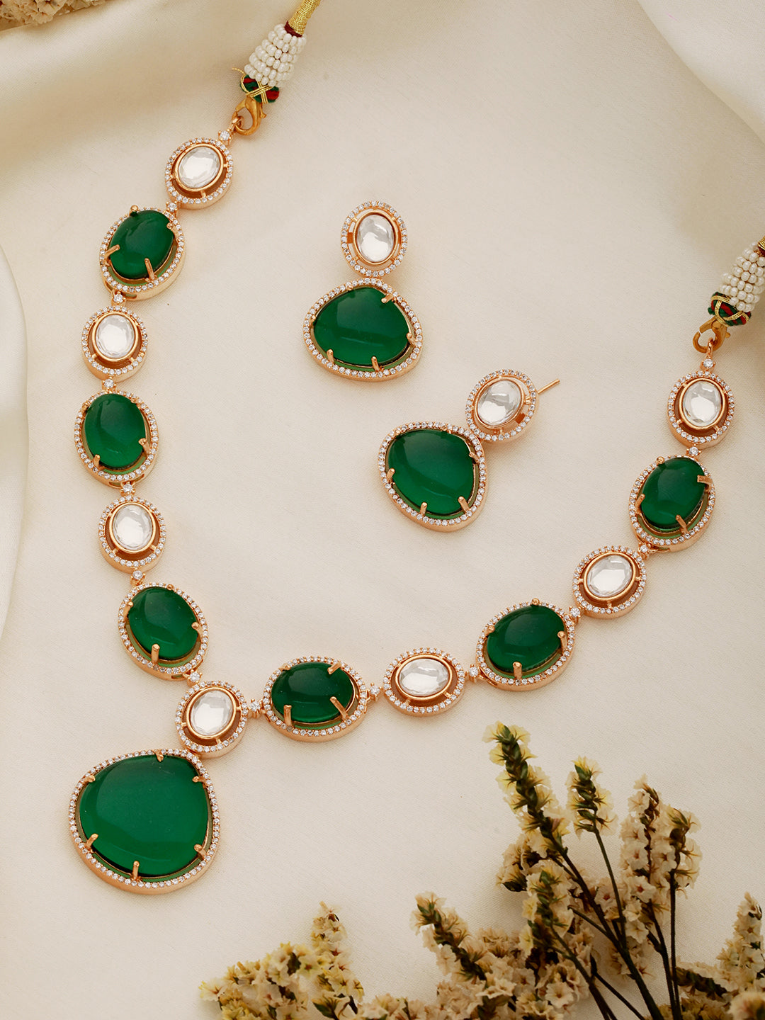 Gold Plated Emerald Green Kundan Studded Designer Luxe Bridal Jewellery  Set