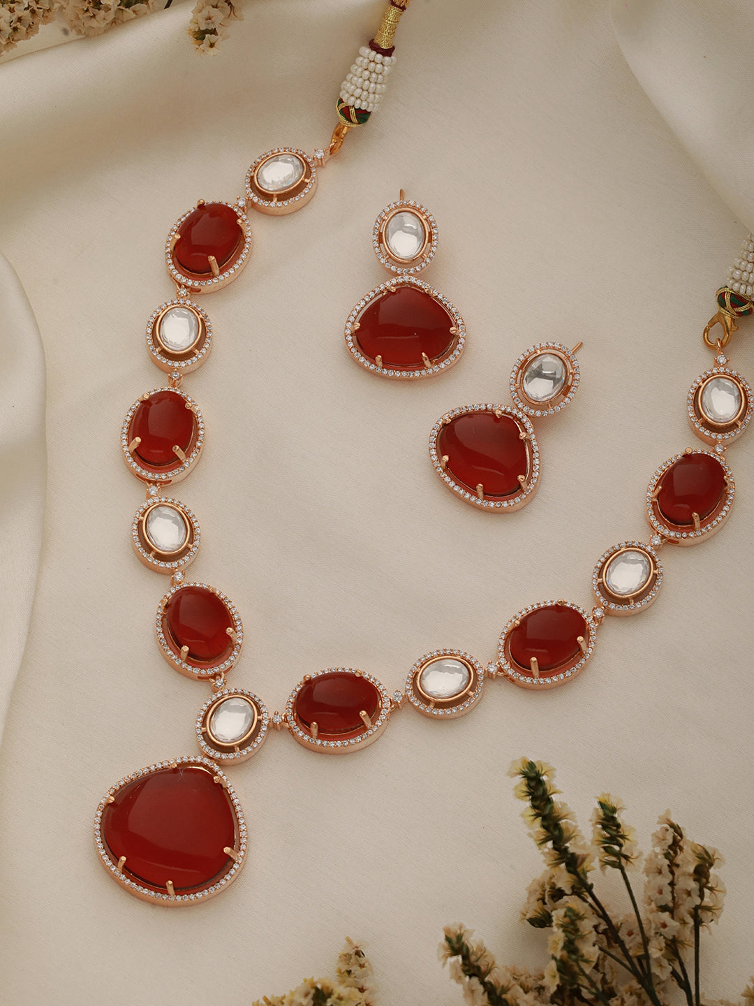 Gold Plated Ruby Red Original Kundan Studded Luxe Bridal Jewellery   Set