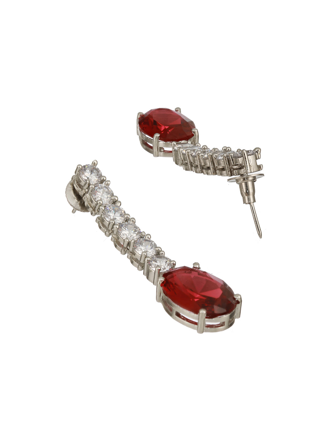 Silver Plated Red AD Studded Double Lined Statement Designer Necklace Jewellery Set