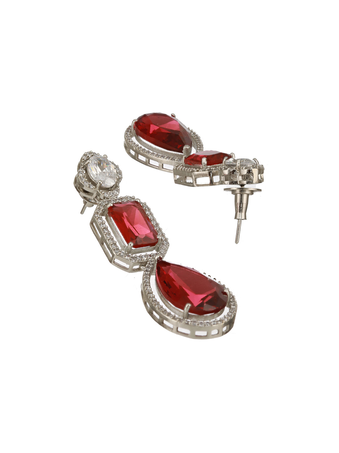 Silver Plated Red Ruby AD Studded Luxe Statement Designer Pendant Jewellery Set