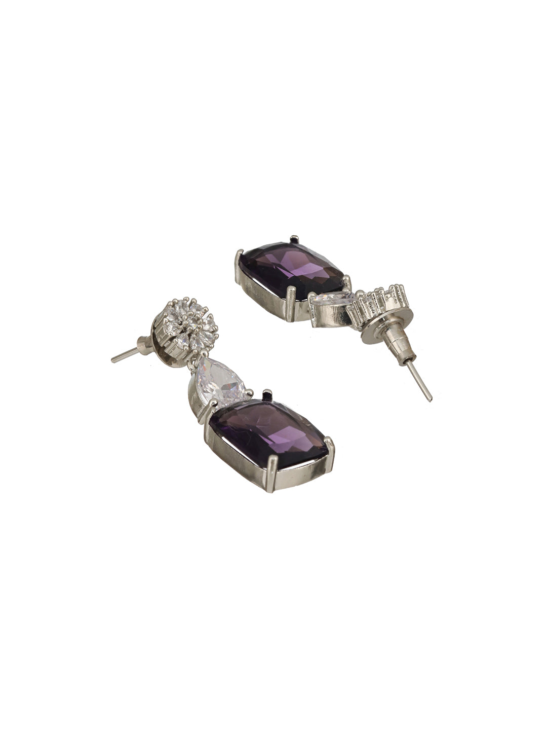 Silver Plated Amethyst Purple AD Long Single Line Statement Pendant Jewellery Set