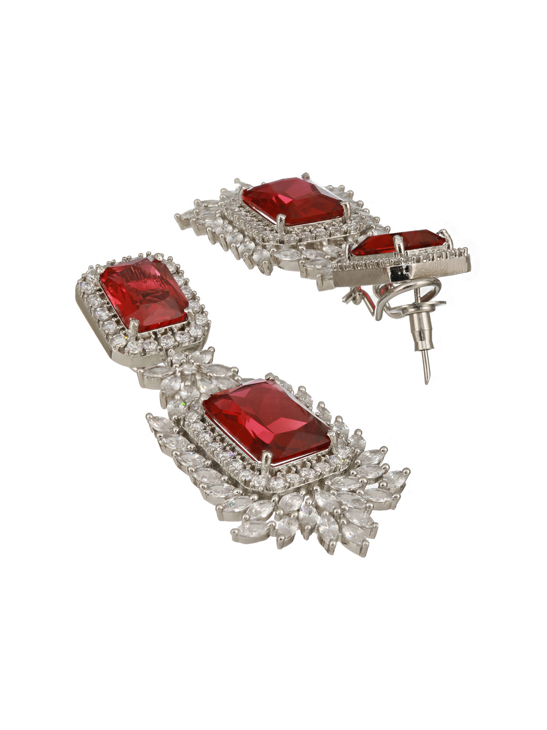 Silver Toned Red Zircon  Statement Dangler Clip Earrings