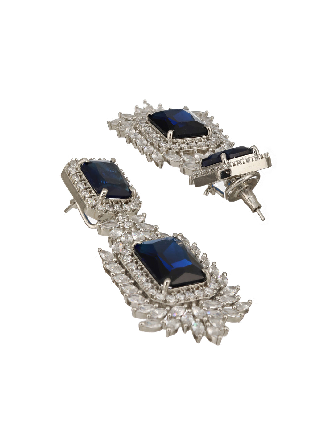 Silver Toned Sapphire Blue CZ Studded Luxe Designer Dropdown Clip Earrings