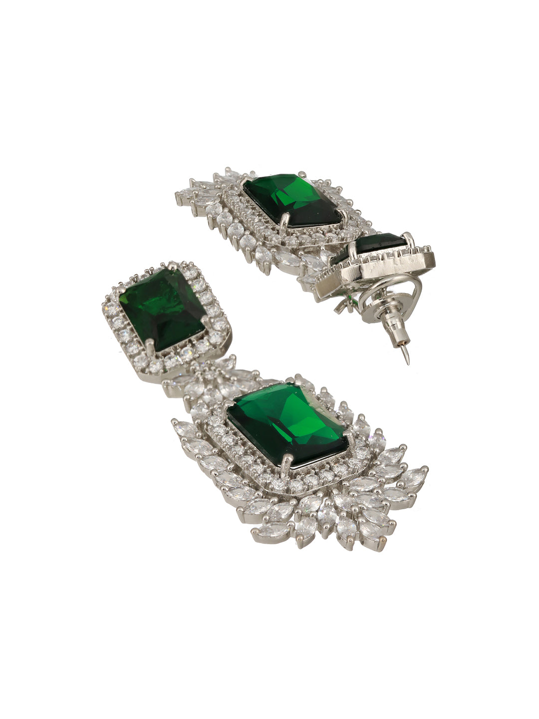 Silver Toned Green Emarald AD Studded Luxe Statement Dangler Clip Earrings