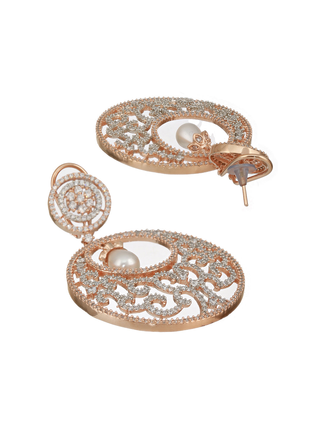 Rose Gold Cz Studded & Pearl Beaded Statement Modern Chandbali Clip Earrings