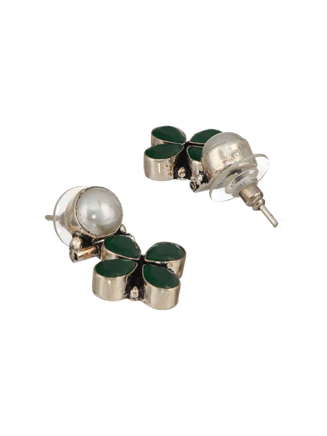 Silver Oxidised Green Stone & Pearl Drop Minimal Earrings