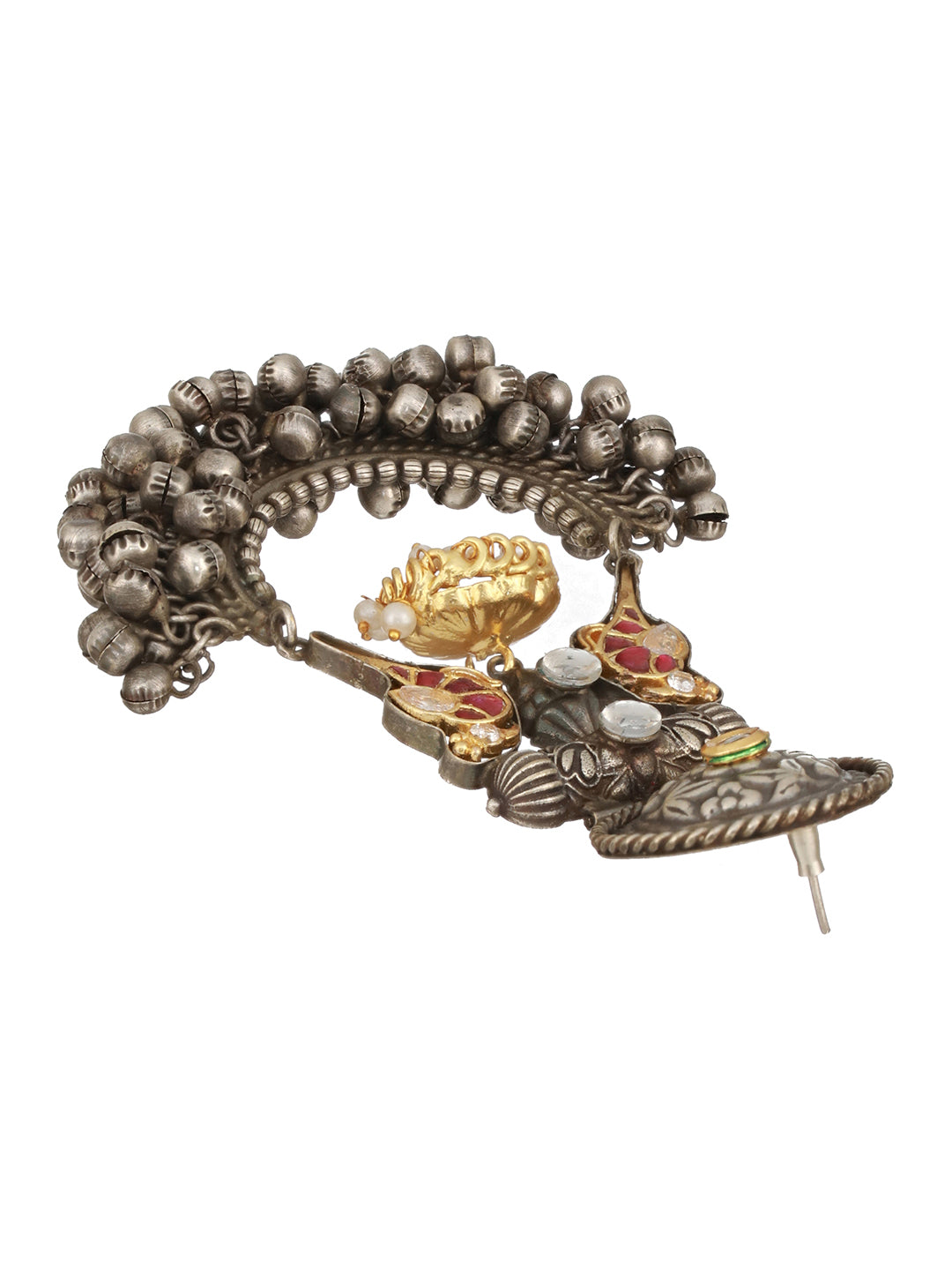 Silver Oxidised Kundan Studded Fusion Large  Chandbali  Earrings