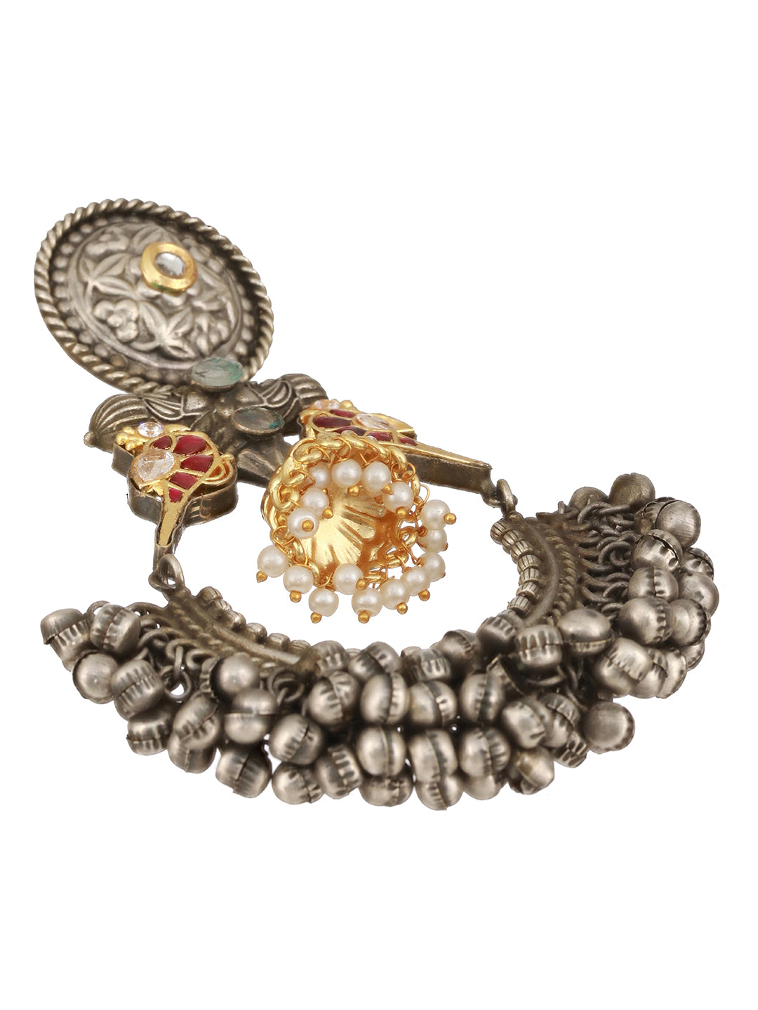 Silver Oxidised Kundan Studded Fusion Large  Chandbali  Earrings