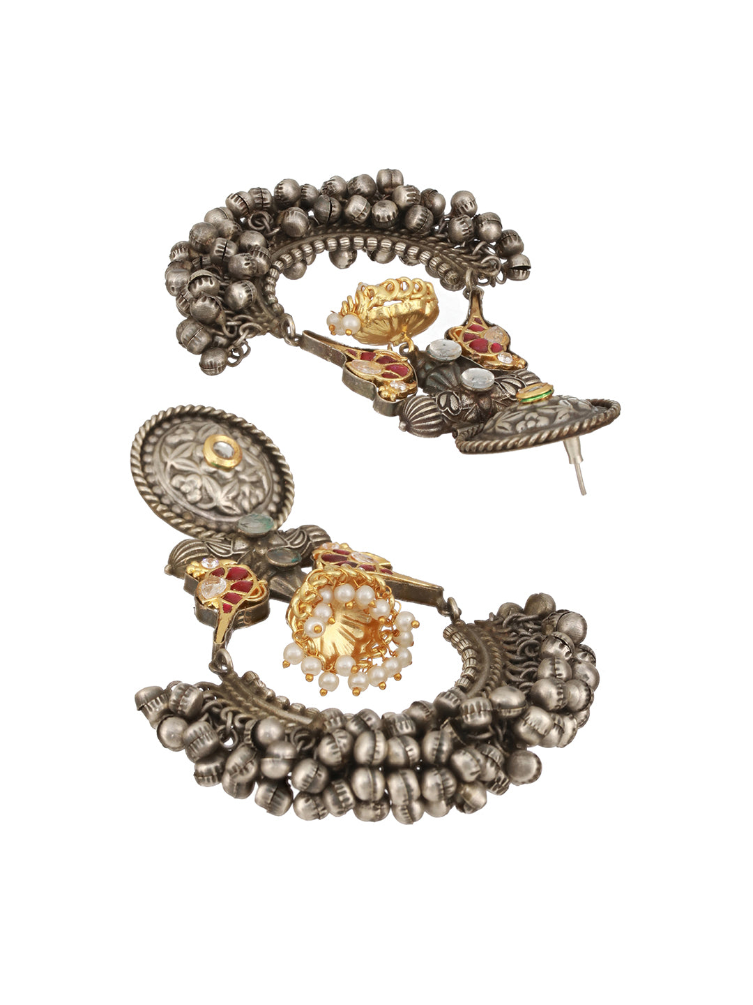 Silver Oxidised Kundan Studded Fusion Large  Chandbali  Earrings