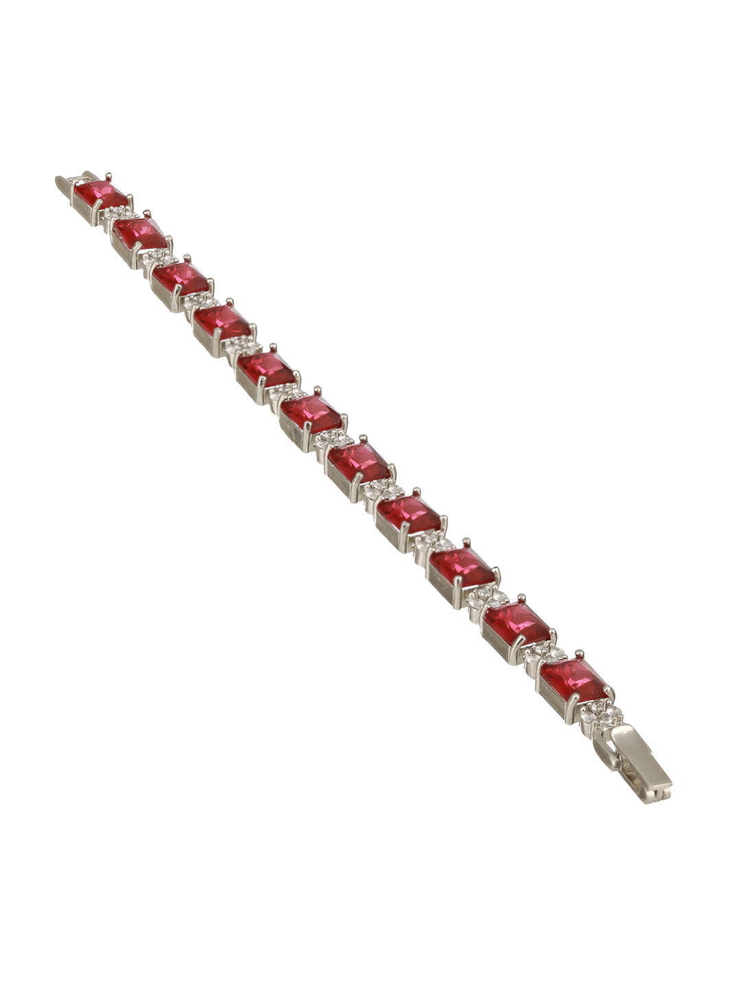 Silver Toned Red AD Studded Minimal Link Tennis Bracelet
