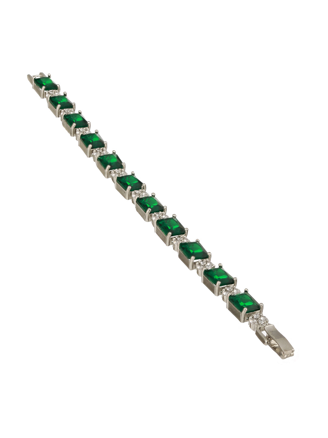 Silver Toned Emarald Green CZ Studded Minimal Link  Tennis Bracelet