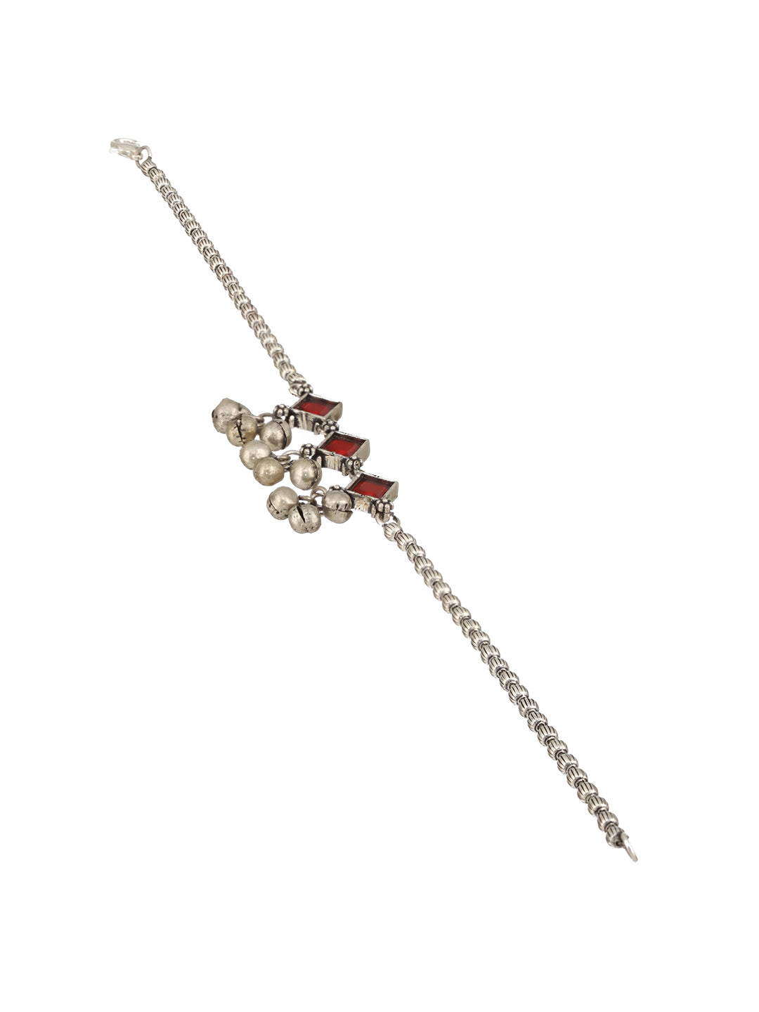 Set Of 2 Oxidised Silver Plated Red Stone Payal Anklet