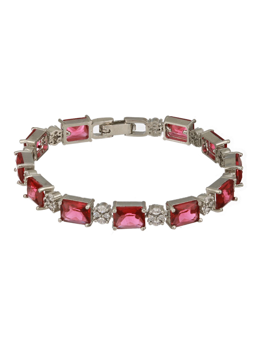 Silver Toned Red AD Studded Minimal Link Tennis Bracelet
