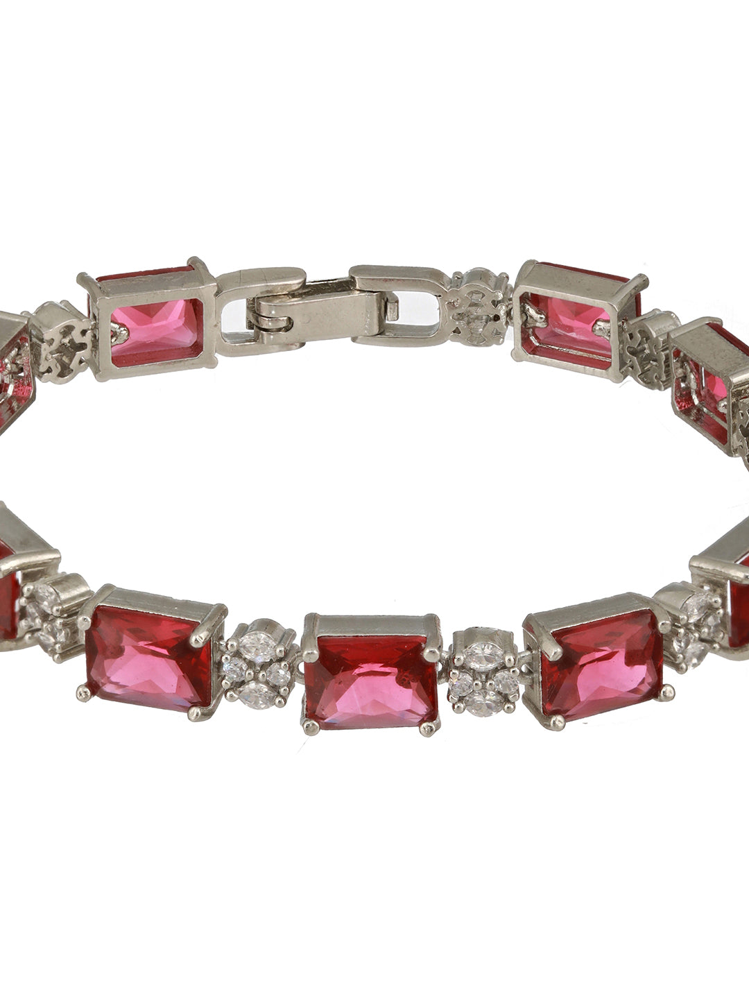 Silver Toned Red AD Studded Minimal Link Tennis Bracelet