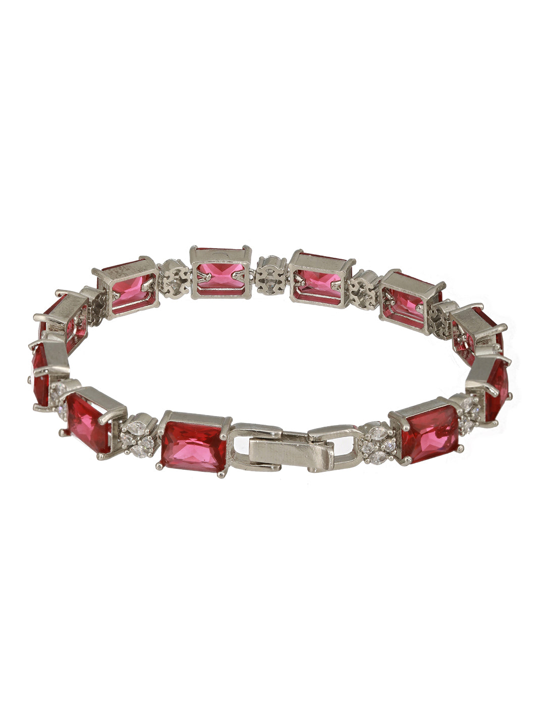 Silver Toned Red AD Studded Minimal Link Tennis Bracelet