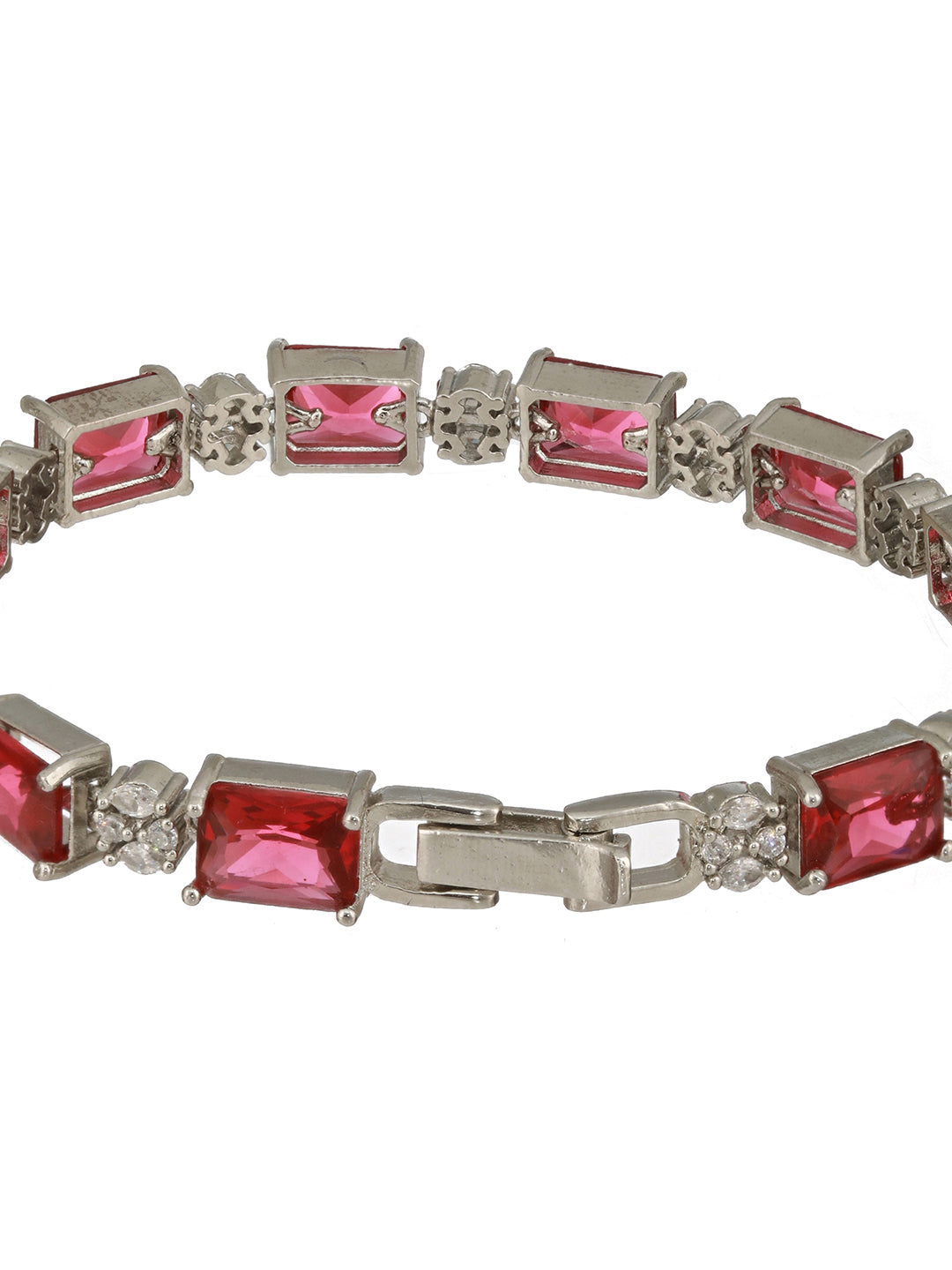 Silver Toned Red AD Studded Minimal Link Tennis Bracelet