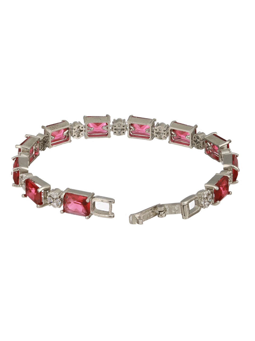 Silver Toned Red AD Studded Minimal Link Tennis Bracelet