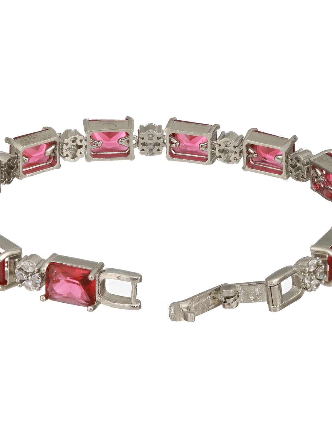 Silver Toned Red AD Studded Minimal Link Tennis Bracelet