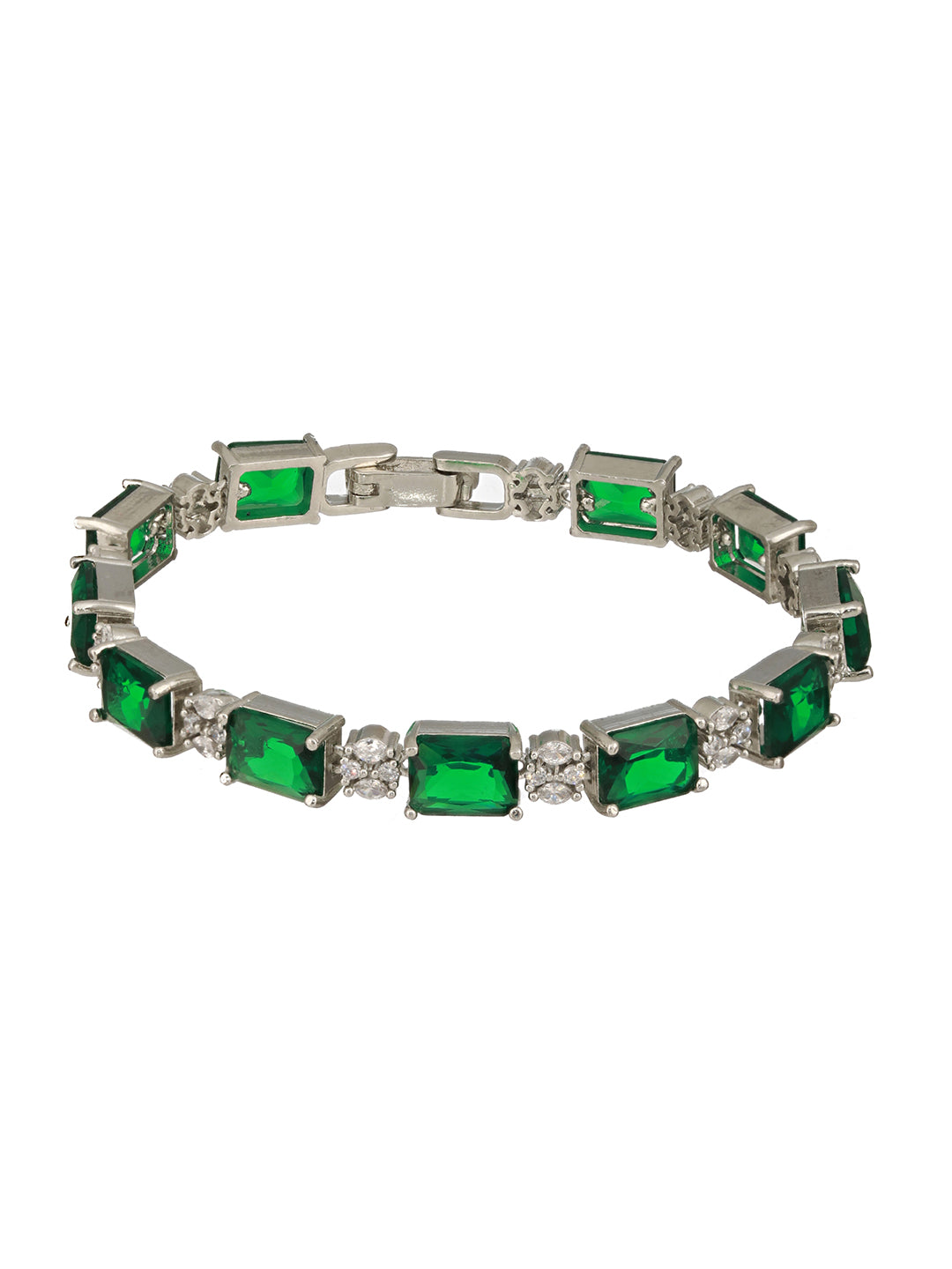 Silver Toned Emarald Green CZ Studded Minimal Link  Tennis Bracelet