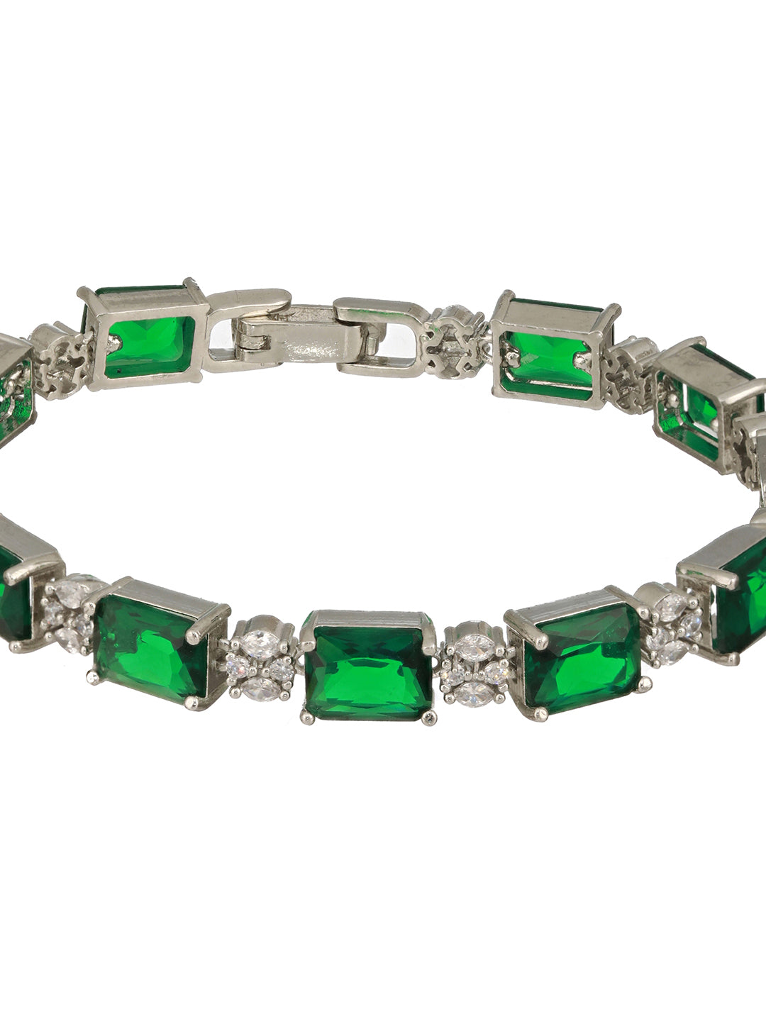 Silver Toned Emarald Green CZ Studded Minimal Link  Tennis Bracelet