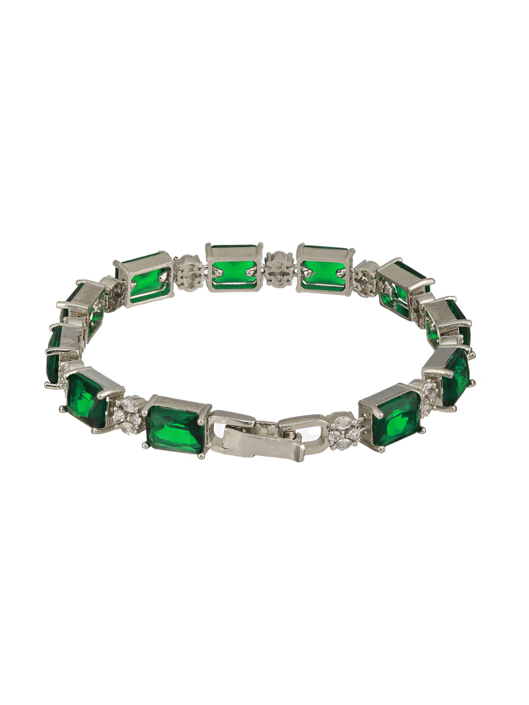 Silver Toned Emarald Green CZ Studded Minimal Link  Tennis Bracelet