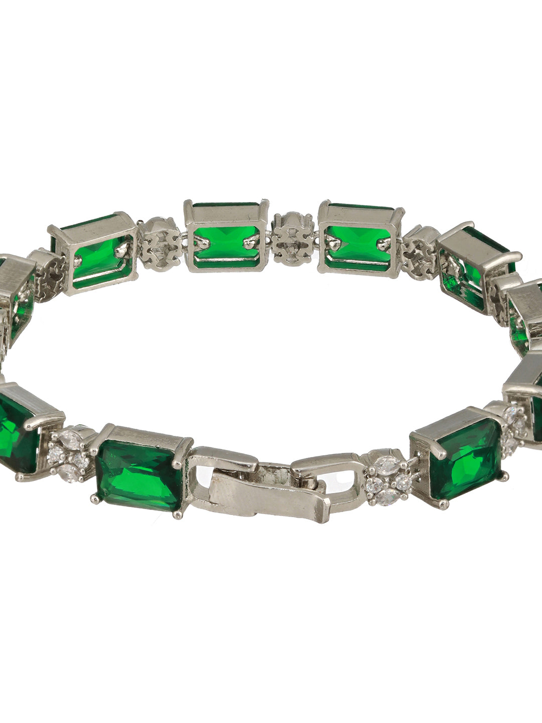 Silver Toned Emarald Green CZ Studded Minimal Link  Tennis Bracelet