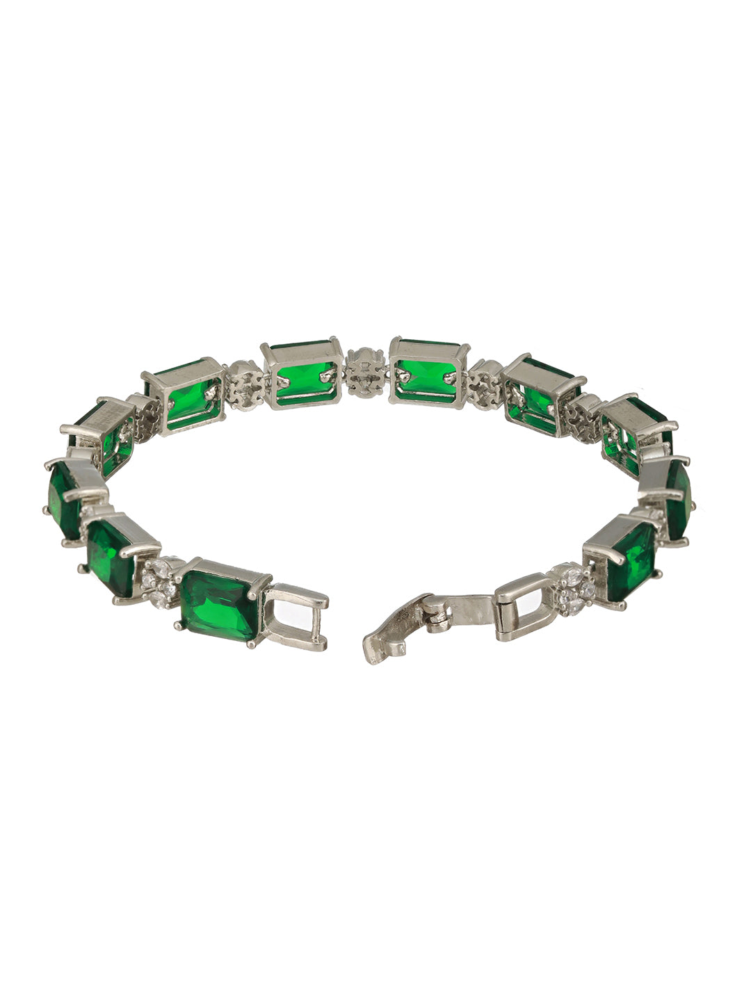 Silver Toned Emarald Green CZ Studded Minimal Link  Tennis Bracelet