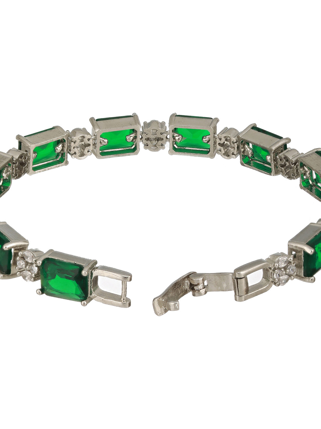 Silver Toned Emarald Green CZ Studded Minimal Link  Tennis Bracelet